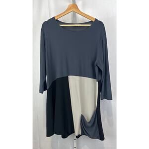 SYMPLI Canada Patchwork Tunic Top 3/4 Sleeve Pocket Blue Gray Black Cream 14